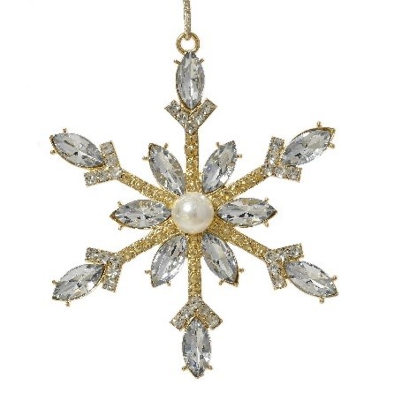 Weihnachtsanhänger Schneeflocke – Gold/Klar mit Perle – 11,5 cm