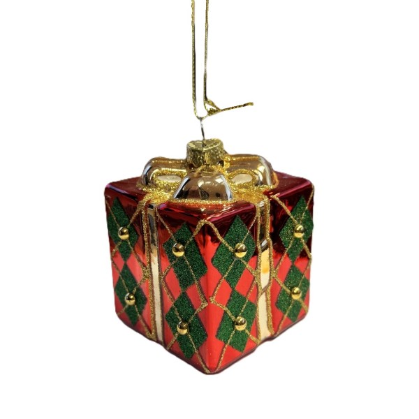 Deko-Anhänger "Geschenkbox" – Rot/Grün/Gold – Quadrat BG50097-a