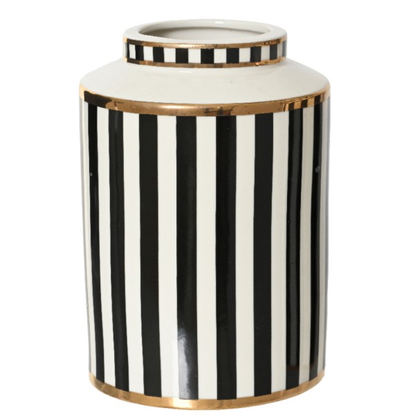 Vase Porzellan Rund – Schwarz/Weiß mit Goldrand – 20 cm K602204-a