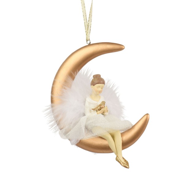 Deko Anhänger Figur "Engel im Mond mit Taube" - Weiß/Gold - 13 cm K703625-a