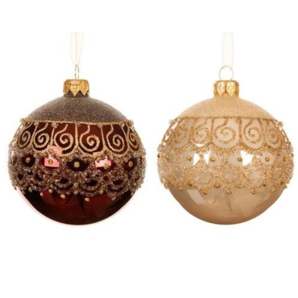 2er Set Handgemachte Weihnachtskugeln aus Glas verziert mit Gold - Rot/Beige K050841