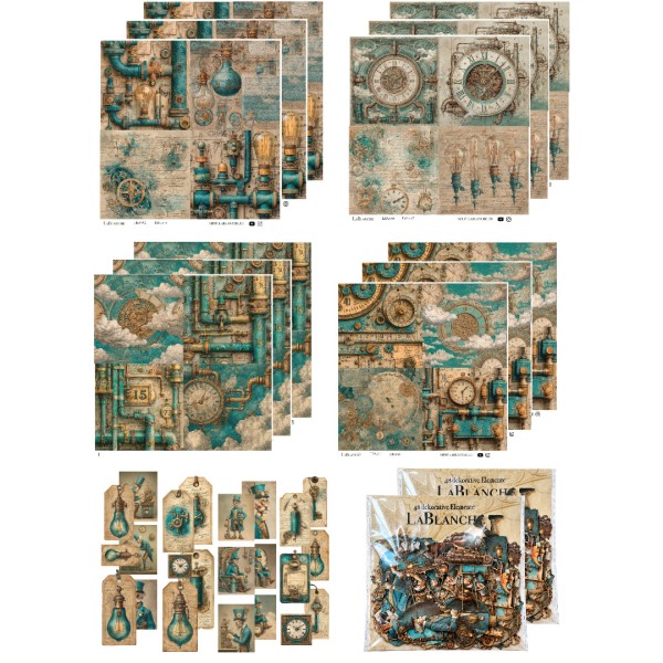 Papierset "Edison/Steampunk" - 12x Papiere, 12x Tags, 2x Gelaserte Elemente LBA-Set16