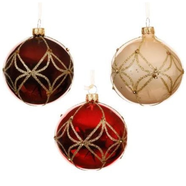 6 Handgemachte Weihnachtskugeln aus Glas - Rot/Weiß mit goldener Verzierung K081051