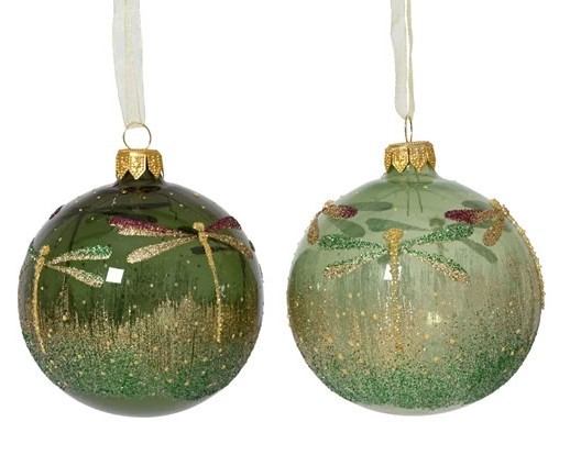 6 Handgemachte Weihnachtskugeln aus Glas - Grün mit Libellen