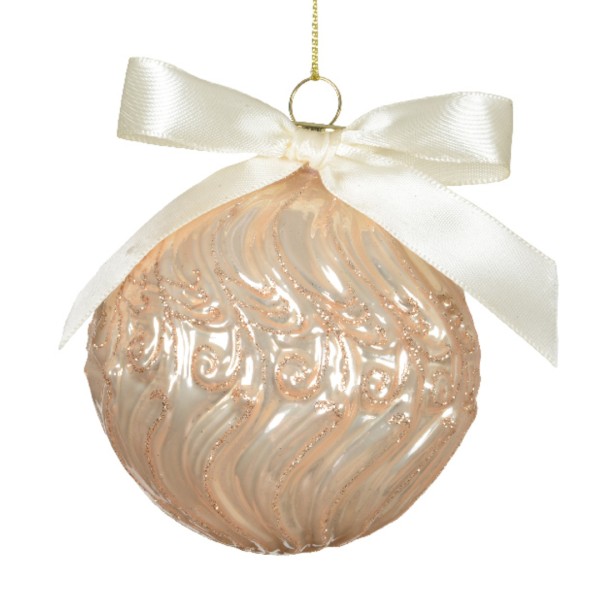 Weihnachtskugel aus Kunststoff mit Schleife – Creme – 8 cm