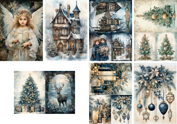 Reispapierset "Blue Christmas" (7 Bogen)