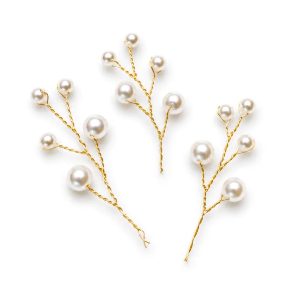 3er Set Deko Perlenzweig Gold/Perl