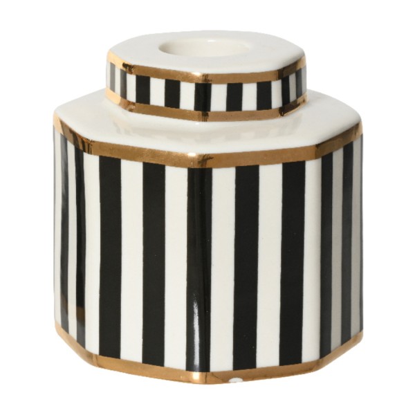 Kerzenhalter Porzellan Eckig – Schwarz/Weiß mit Goldrand – 8 cm K602206-b