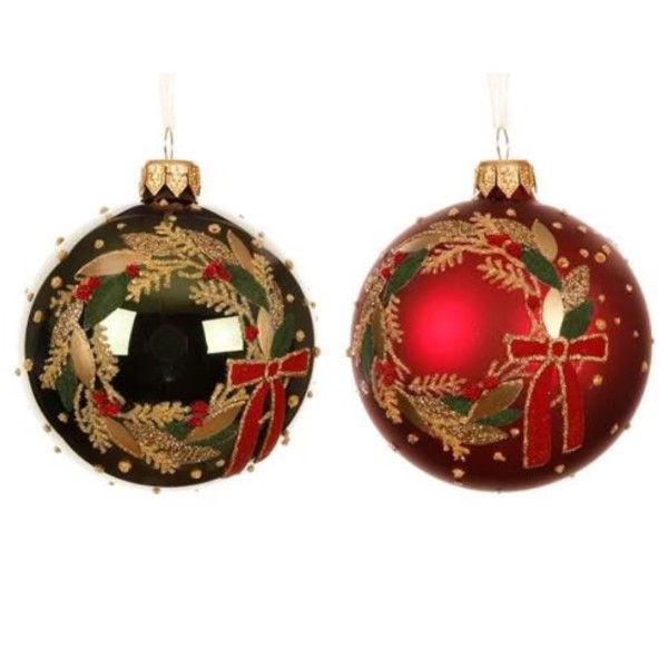 6er Set Handgemachte Weihnachtskugeln aus Glas Kranz - Rot & Grün