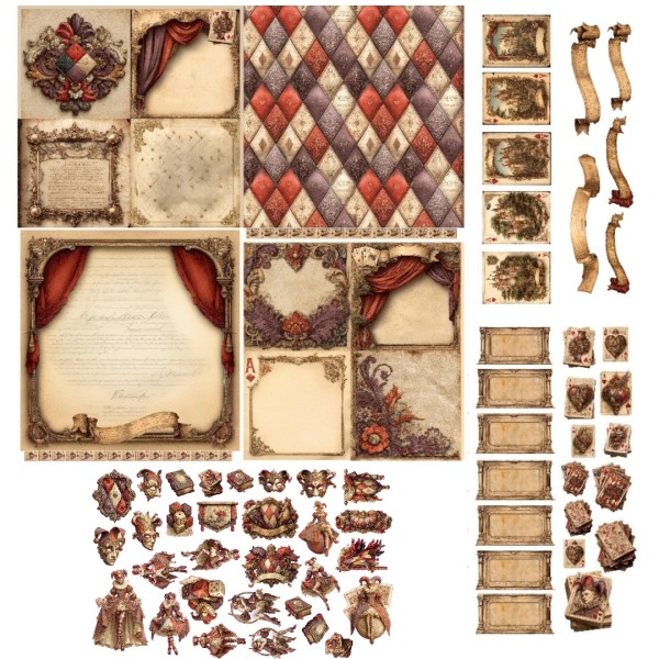 Kleines Papierset "Harlekin" - 4 Papiere, 4 Tags, 30 Gelaserte Elemente