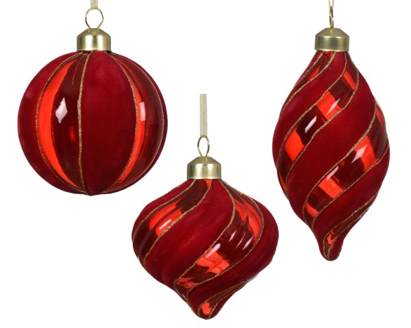 3er Set Weihnachtskugeln, Roter Samt mit Goldglitter