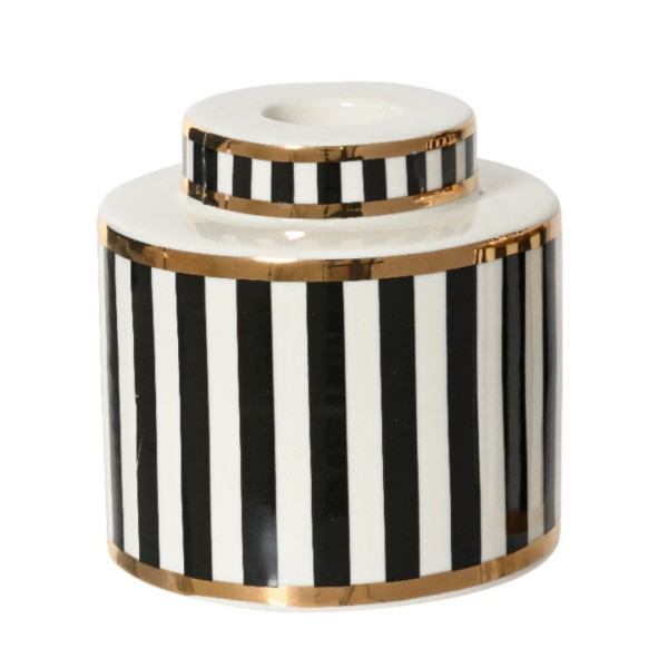 Kerzenhalter Porzellan Rund – Schwarz/Weiß mit Goldrand – 8 cm K602206-a