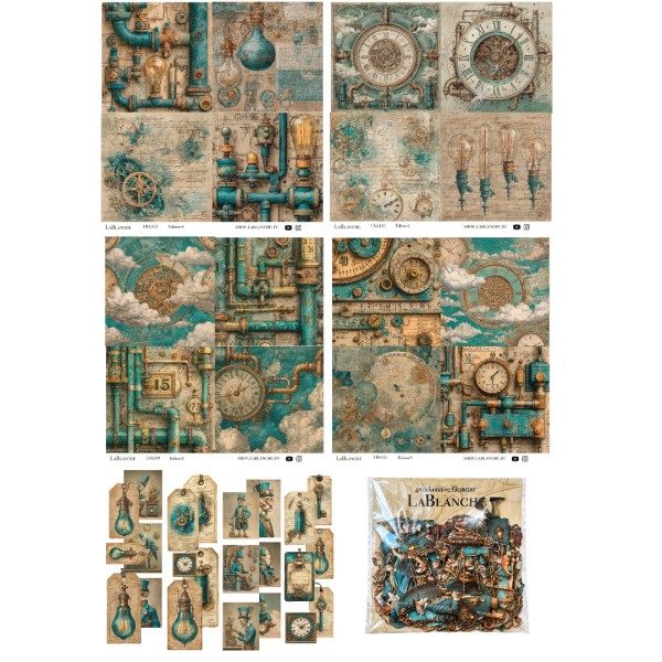 Kleines Papierset "Edison/Steampunk" - 4x Papiere, 4x Tags, 1x Gelaserte Elemente LBA-Set17