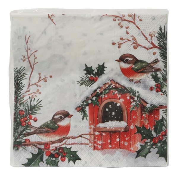 20 Servietten "Vögel im Winter" – Rot/Grün – 33 x 33 cm K368227
