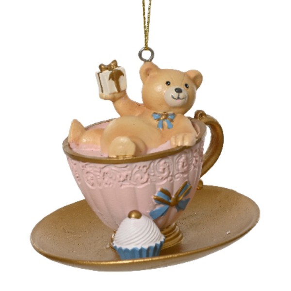 Weihnachtsdeko "Tasse mit Bärchen" Rosa - 7,3x8cm
