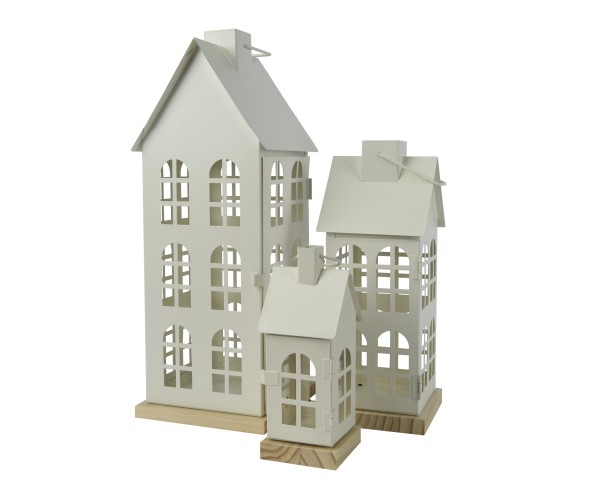 3er Set Metall Laterne in Haus-Optik Weiß - 45 cm