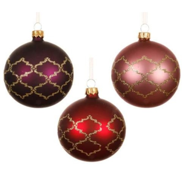 3er Set Handgemachte Weihnachtskugeln aus Glas - Rot/Lila/Rosa mit goldener Verzierung K081045