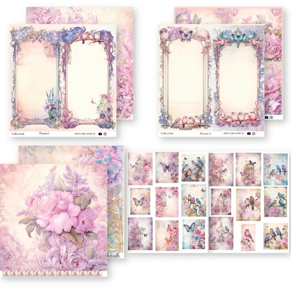 Papierset "Flowers" - 6 Designpapiere, 6 Tags