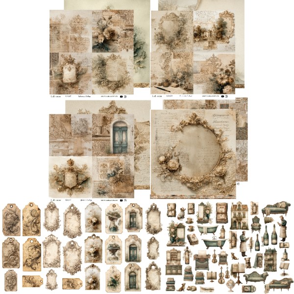Kleines Papierset "Ephemera" - 4 Designpapiere, 4 Tags, Gelaserte Elemente LBA-Set22