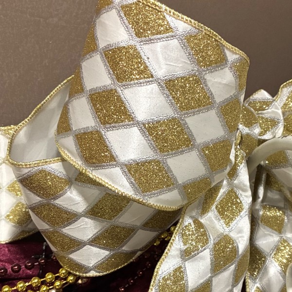4,57m Schleifenband mit Karos - weiß/gold