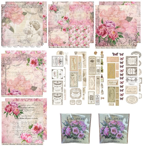 Papierset "Peonies Paper" 15 Designpapiere, 10 Tags, 2 Gelaserte Elemente