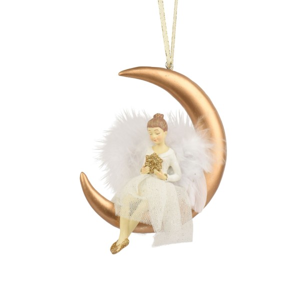 Deko Anhänger Figur "Engel im Mond mit Stern" - Weiß/Gold - 13 cm K703625-b