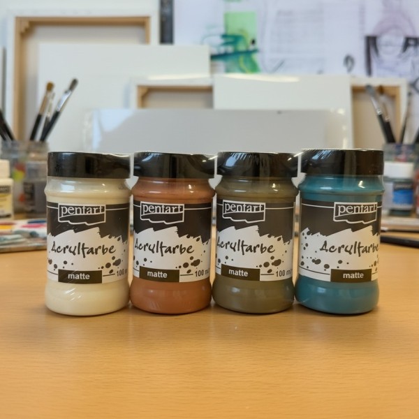 4er Set Acrylfarben "Matte" - Elfenbein, Rotbraun Ton, Schlammgrau & Türkisblau (100ml)