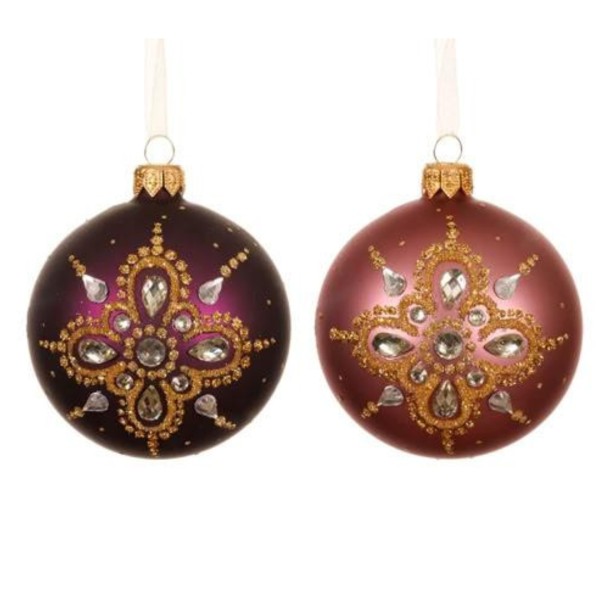 2er Set Handgemachte Weihnachtskugeln aus Glas verziert mit Gold - Lila & Rosa K050857