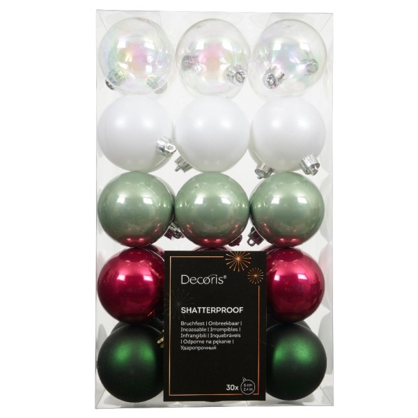30er Set Weihnachtskugeln aus Glas 6cm - 5 Farbig