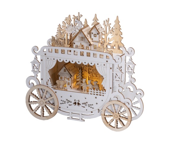 LED-Pferdekutsche aus Sperrholz – Natur / Warmweiß – 24,8 × 23,5 cm