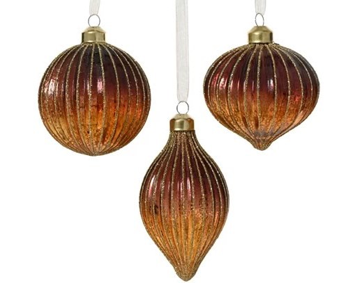 3er Set Weihnachtsschmuck aus Glas - Braun/Orange mit Gold