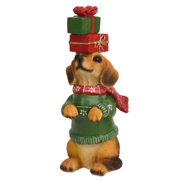Hund mit Geschenk auf dem Kopf 18 cm K703576b