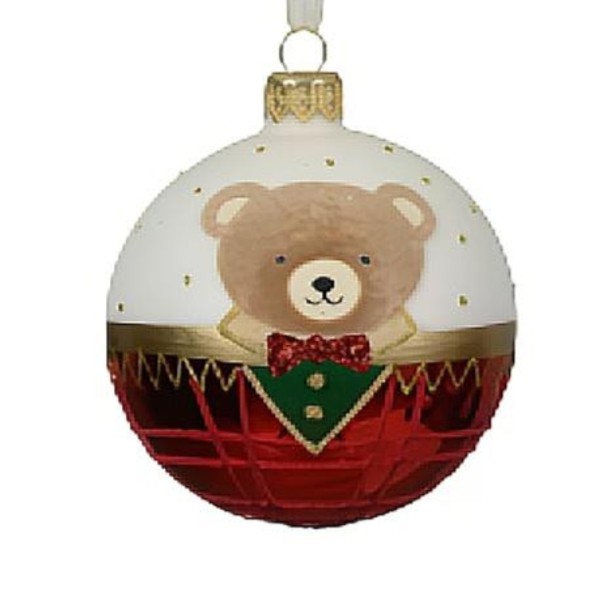 Handgemachte Weihnachtskugeln aus Glas - Tedibär Rot/Weiß