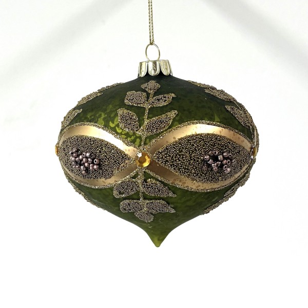 Weihnachtskugel Anhänger "Christmas" - Tropfenform - Grün/Gold - 11cm KUG-10