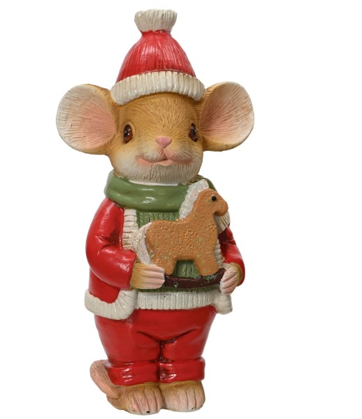 Weihnachtsmaus Junge mit Schaukelpferd 14,5cm K703709a