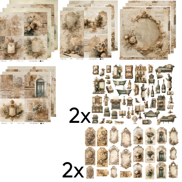Großes Papierset "Ephemera" - 12 Designpapiere, 12 Tags und 2x Gelaserte Elemente LBA-Set23