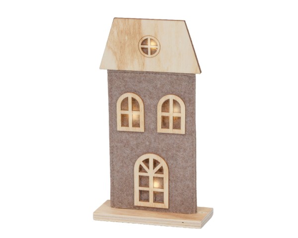 LED Dekohaus Braun aus Filz und Holz – 22 cm